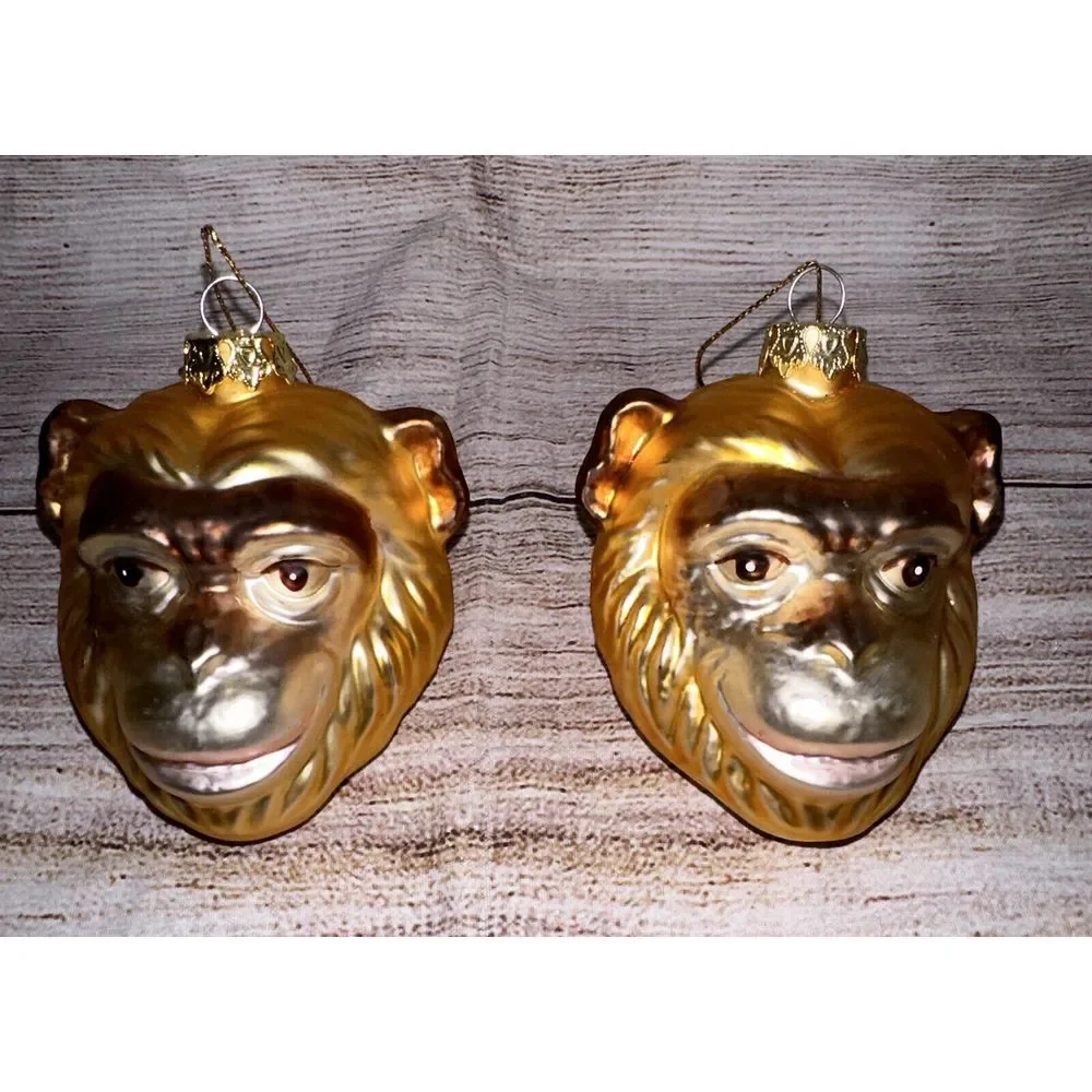 Set of 2 Monkey Head Glass Christmas Ornaments‎ Gold Safari Jungle Chimpanzee